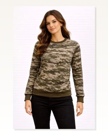 Kadın Desenli Günlük Stil Kamuflaj 2 İplik 4 Mevsim Uzun Kollu Bisiklet Yaka Sweatshirt