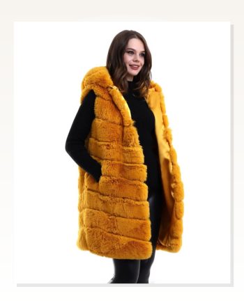 Kadın Sarı Kapüşonlu Peluş Kürk Premium Kalite, Tam Astarlı, Uzun Model Yelek