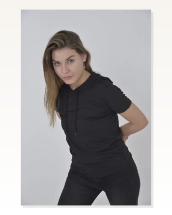 Erkek Günlük Stil Entegre Kapüşon Detaylı Siyah Pamuklu Slim Fit Tişört