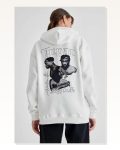 Sırt Baskılı Kadın Sokak Stili Beyaz Kapüşonlu Üç İplik Oversize Sweatshirt Marketplace