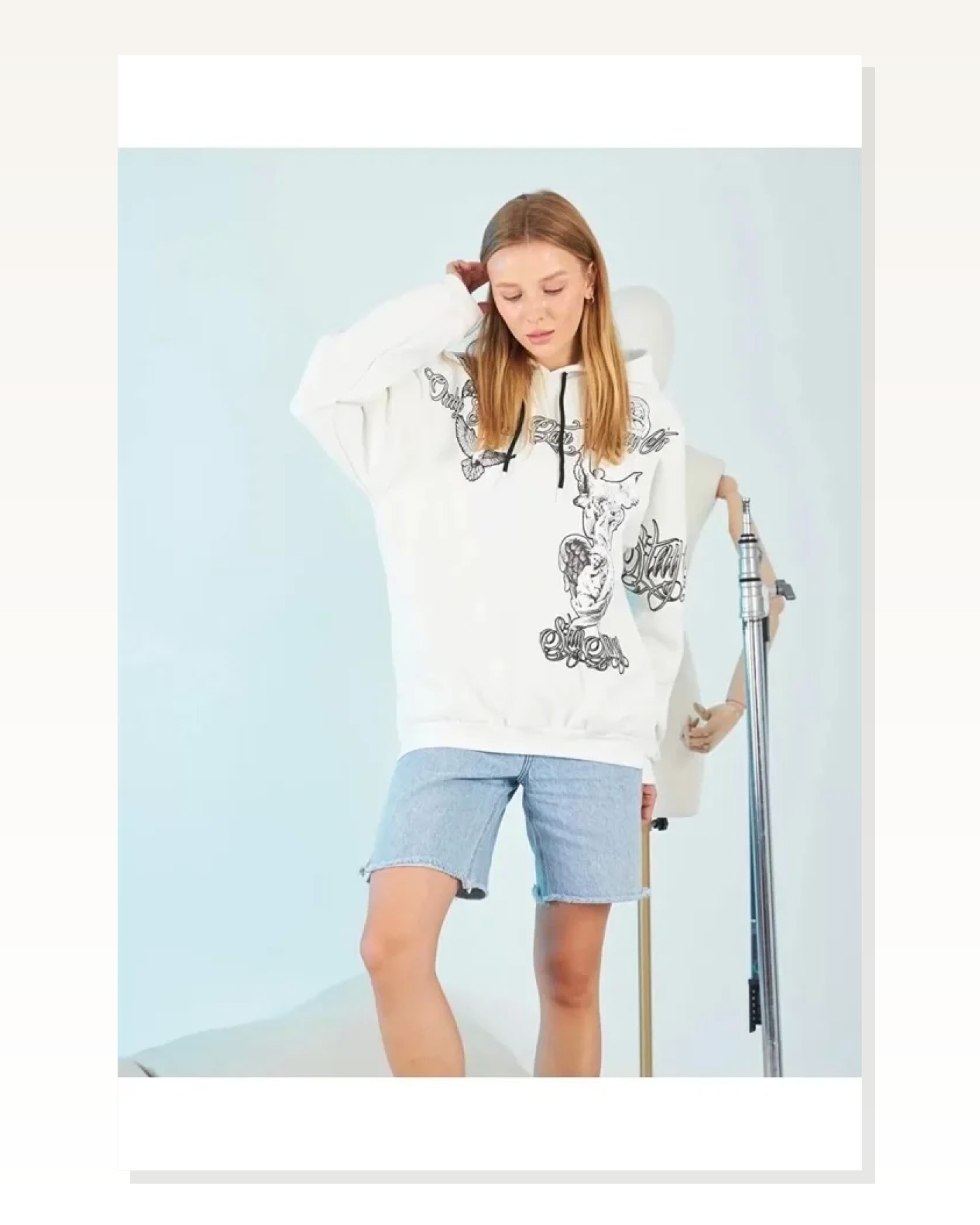 Rönesans Heykel Baskılı Erkek Beyaz Kapüşonlu Sweatshirt Marketplace blank