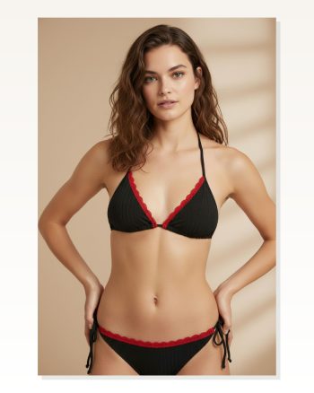 Kadın Şardonlu Sıcak Tutan Kırmızı Dantel Detaylı Siyah Bikini I Ayarlanabilir İpli, İçten Mayo Takım