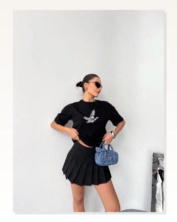 Kadın Baskılı Günlük Stil Siyah Kısa Kol Tişört
