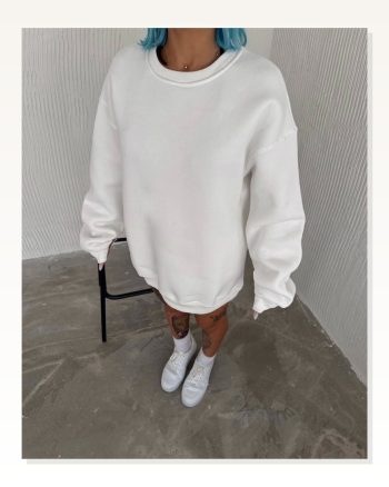 Kışlık Bisiklet Yaka Üç İplik Basic Sweatshirt Beyaz