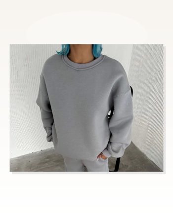 Kadın Günlük Stil Gri Kışlık Bisiklet Yaka Üç İplik Basic Sweatshirt
