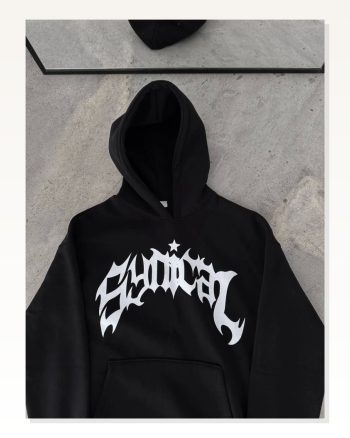 Kadın Siyah Oversize Sweatshirt Baskılı Sokak Stili Kışlık Kapüşonlu