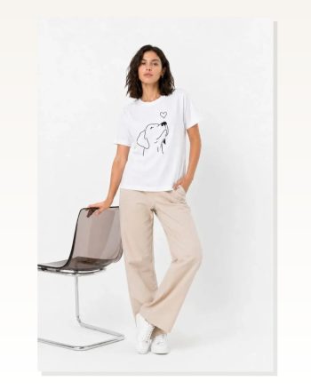 Köpek Figürlü Minimal Baskılı Tişört Kısa Kol Yazlık T-shirt Beyaz
