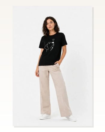 Köpek Figürlü Minimal Baskılı Tişört Kısa Kol Yazlık T-shirt Siyah