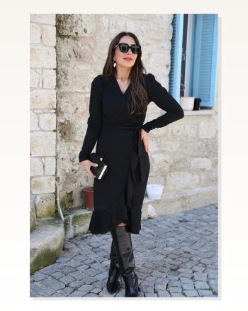 Krep Kumaş Midi Boy Kuşaklı Uzunkol Elbise 113 Cm