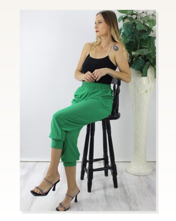 Kadın Krinkıl Paça Pensli Yeşil Pantolon