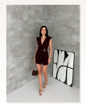 Kruvaze Drapeli Tokalı Mini Elbise Şık Gece Davet Abiye Kahverengi