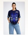 Kadın Baskılı Günlük Stil Lacivert Dragon Kuru Kafa Bisiklet Yaka Tişört Oversize