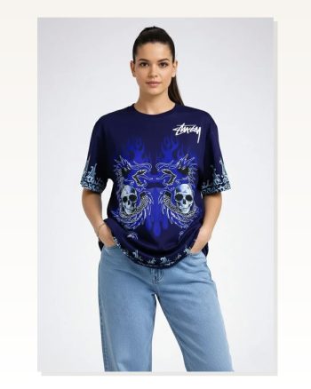Kadın Baskılı Günlük Stil Lacivert Dragon Kuru Kafa Bisiklet Yaka Tişört Oversize