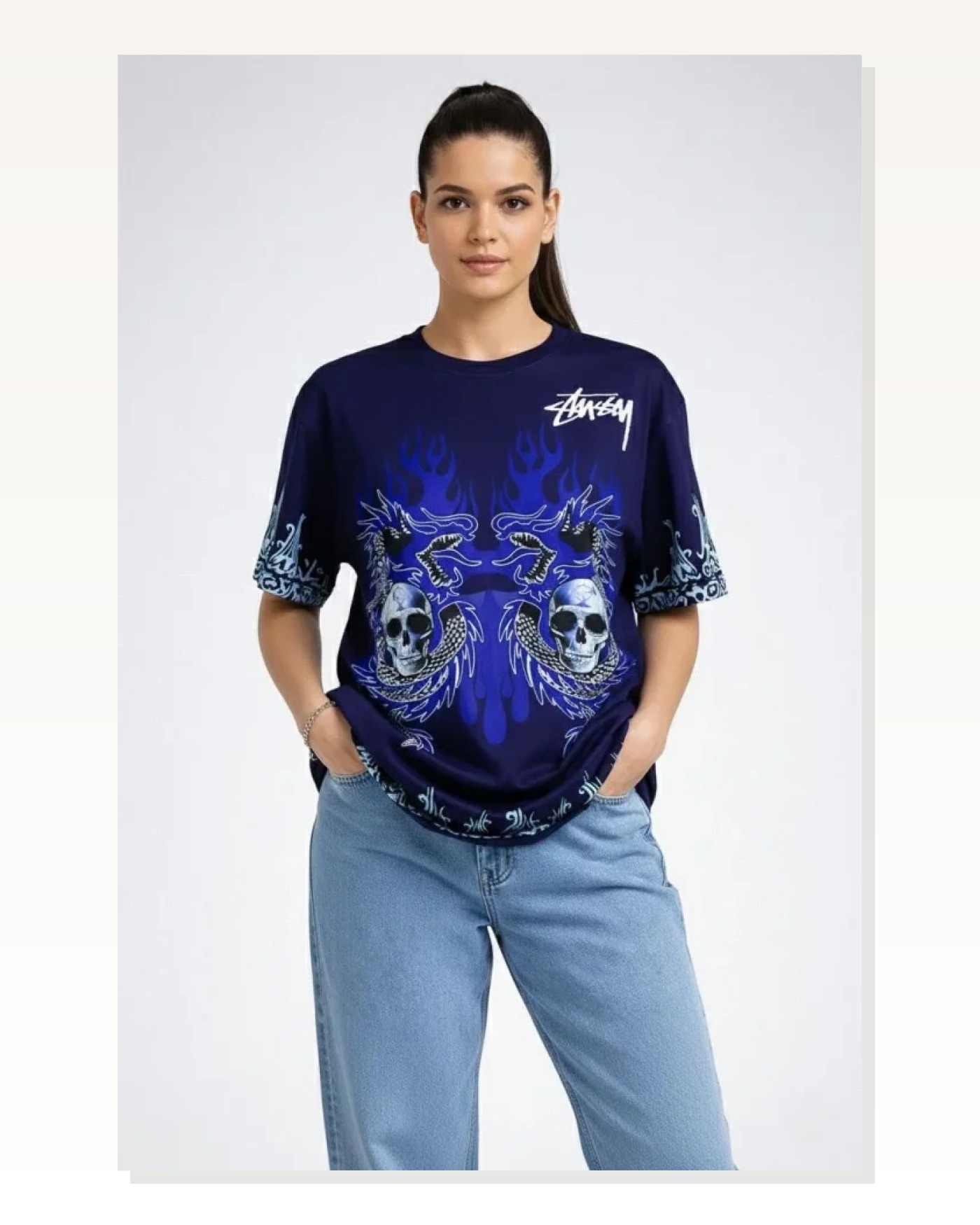 Baskılı Kadın Günlük Stil Lacivert Lacivert Dragon - Kuru Kafa Bisiklet Yaka Tişört Oversize Tişört Marketplace blank
