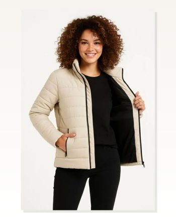 Kadın Baskılı Modern Stil Bej Mikro Su İtici Kapitone Astarlı Fermuarlı Bomber Mont