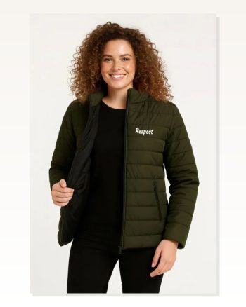 Kadın Baskılı Modern Stil Haki Mikro Su İtici Kapitone Astarlı Fermuarlı Bomber Mont