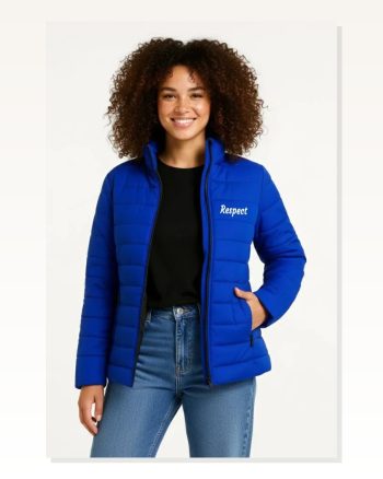 Kadın Baskılı Modern Stil Saks Mavisi Mikro Su İtici Kapitone Astarlı Fermuarlı Bomber Mont