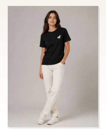 Minimal Geyik Logolu Tişört Bisiklet Yaka Kısa Kol Yazlık T-shirt Siyah