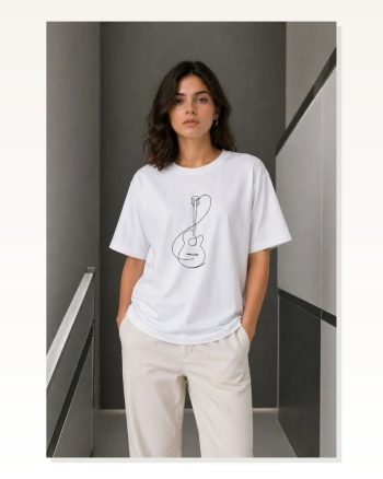 Minimal Gitar Baskılı Tişört T-shirt Yazlık Kısa Kol Bisiklet Yaka Beyaz