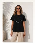 Minimal Gülümseyen Yüz Baskılı Tişört Kısa Kol Yazlık T-Shirt – Siyah Marketplace