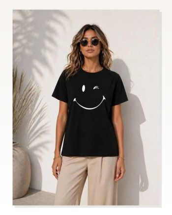 Minimal Gülümseyen Yüz Baskılı Tişört Kısa Kol Yazlık T-shirt Siyah
