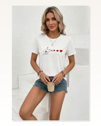 Minimal Kalp İşaret Baskılı Tişört Kısa Kol Yazlık T-shirt Beyaz