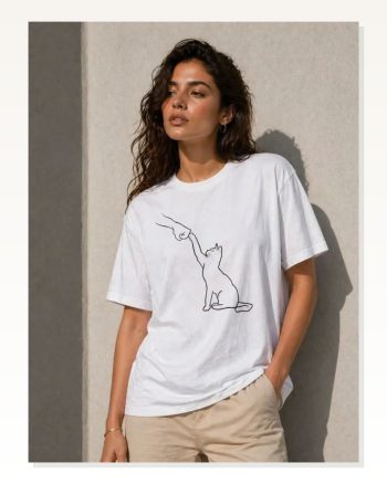 Minimal Kedi Çizim Baskılı Tişört Kısa Kol Yazlık T-shirt Beyaz