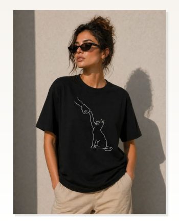 Minimal Kedi Çizim Baskılı Tişört Kısa Kol Yazlık T-shirt Siyah
