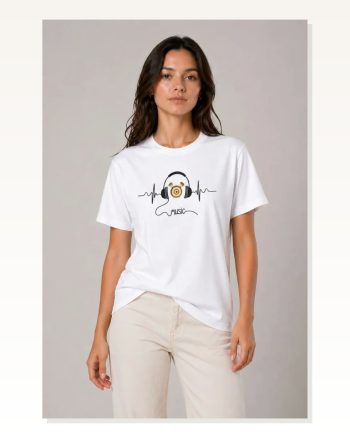 Müzik Temalı Baskılı Tişört Bisiklet Yaka Kısa Kol T-shirt Beyaz