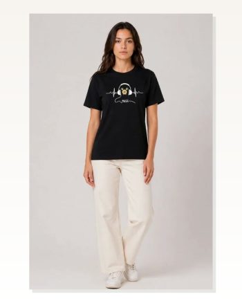 Müzik Temalı Baskılı Tişört Bisiklet Yaka Kısa Kol T-shirt Siyah