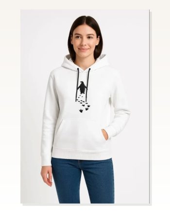 Kadın Salaş Stil Beyaz Nihilist Penguen Temalı Oversize Kapüşonlu Sweatshirt