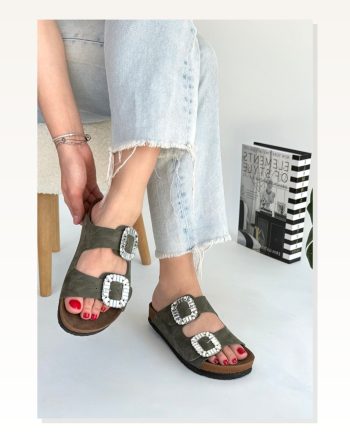 Kadın Nubuk Konforlu Adım Nool Yeşil Terlik