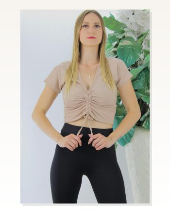 Kadın Zarif Dokunuş Ön Büzgülü Crop Camel Bluz