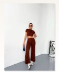 Osy Modal Yumuşak Dokulu Kumaş Kısa Kollu Crop Alt Ispanyol Paça Pantalon Ikili Takım Kahverengi