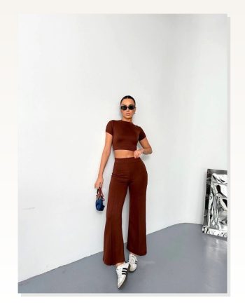 Osy Modal Yumuşak Dokulu Kumaş Kısa Kollu Crop Alt Ispanyol Paça Pantalon Ikili Takım Kahverengi