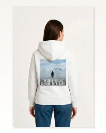 Kadın Sırt Baskılı Salaş Stil Beyaz Oversize Hoodie Survivor Penguin Temalı, Felsefi Yazılı Kapüşonlu