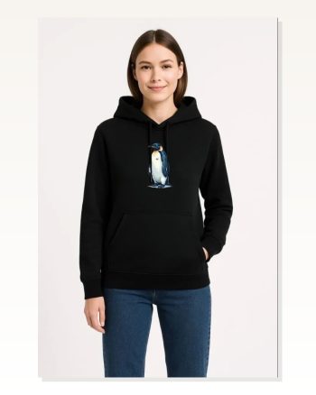 Kadın Sırt Baskılı Salaş Stil Siyah Oversize Hoodie Survivor Penguin Temalı, Felsefi Yazılı Kapüşonlu