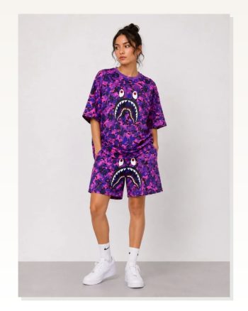Oversize Kalıp Pubg Bape X Shark Nakışlı Cepli Şort Takım Mor