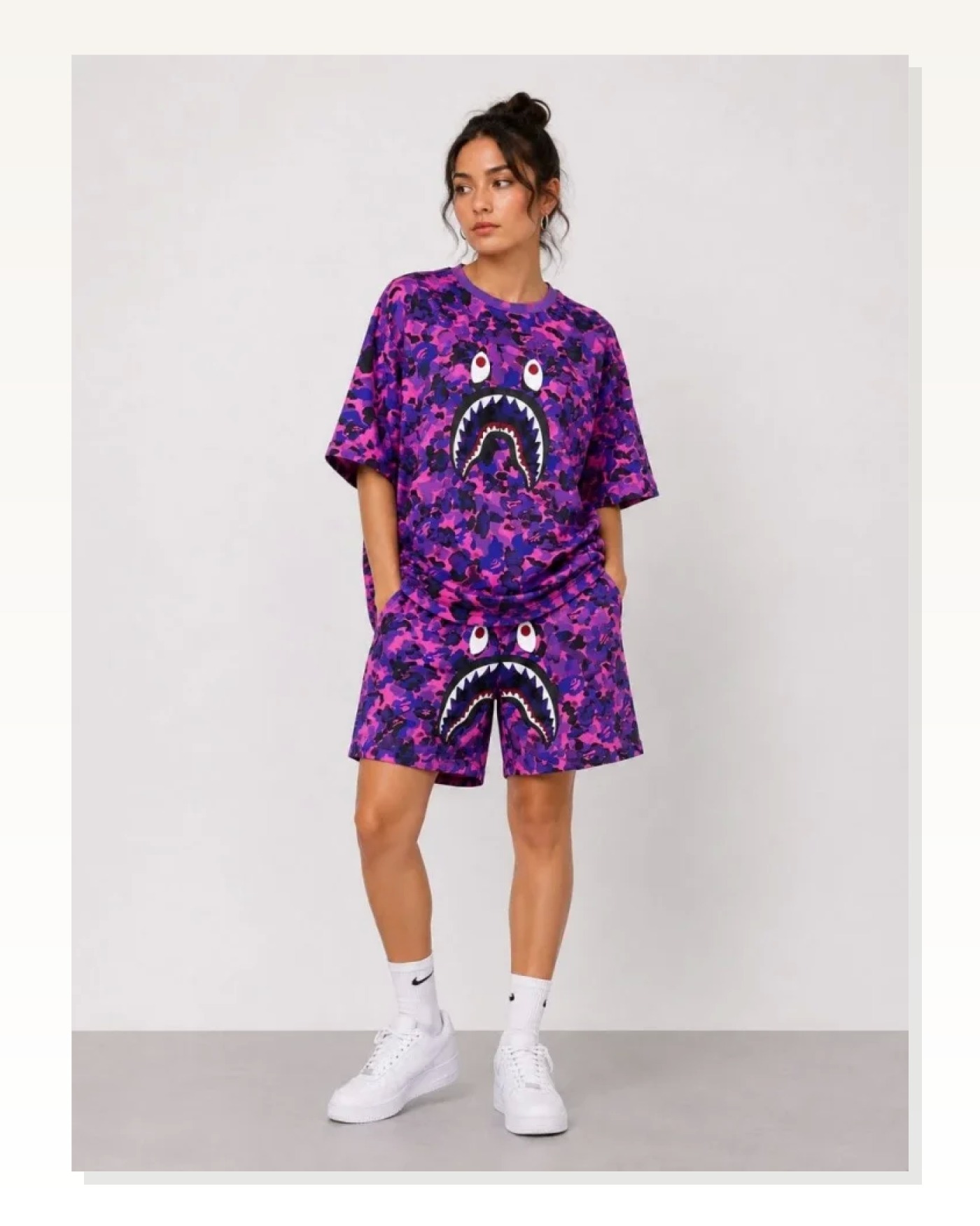 Oversize Kalıp Pubg Bape X Shark Nakışlı Cepli Şort Takım - Mor Marketplace blank