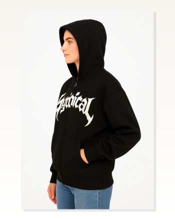 Kadın Şardonlu Siyah Oversize Hoodie 3 İplik Pamuklu Kumaş, Önü Baskılı, Fermuarlı Rahat Kalıp, Kışlık ve