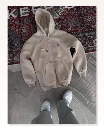 Kadın Salaş Stil Bej Oversize Tam Fermuarlı Uzun Kol Hırka