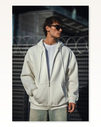 Kadın Salaş Stil Beyaz Oversize Tam Fermuarlı Uzun Kol Hırka