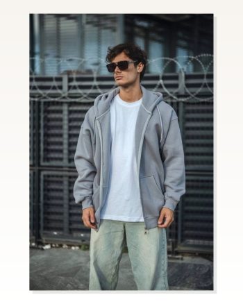 Kadın Salaş Stil Gri Oversize Tam Fermuarlı Uzun Kol Hırka