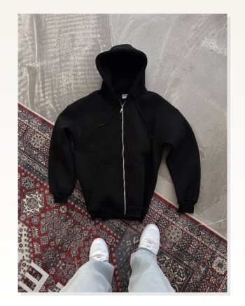 Kadın Salaş Stil Siyah Oversize Tam Fermuarlı Uzun Kol Hırka