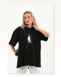 Kadın Sırt Baskılı Günlük Stil Siyah Survivor Penguin Temalı, Felsefi Yazılı Bisiklet Yaka Tişört Oversize