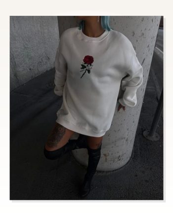 Kadın Baskılı Salaş Stil Beyaz Oversize Üç İplik Bisiklet Yaka Sweatshirt