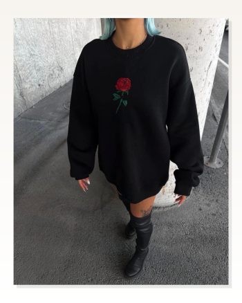 Kadın Baskılı Salaş Stil Siyah Oversize Üç İplik Bisiklet Yaka Sweatshirt
