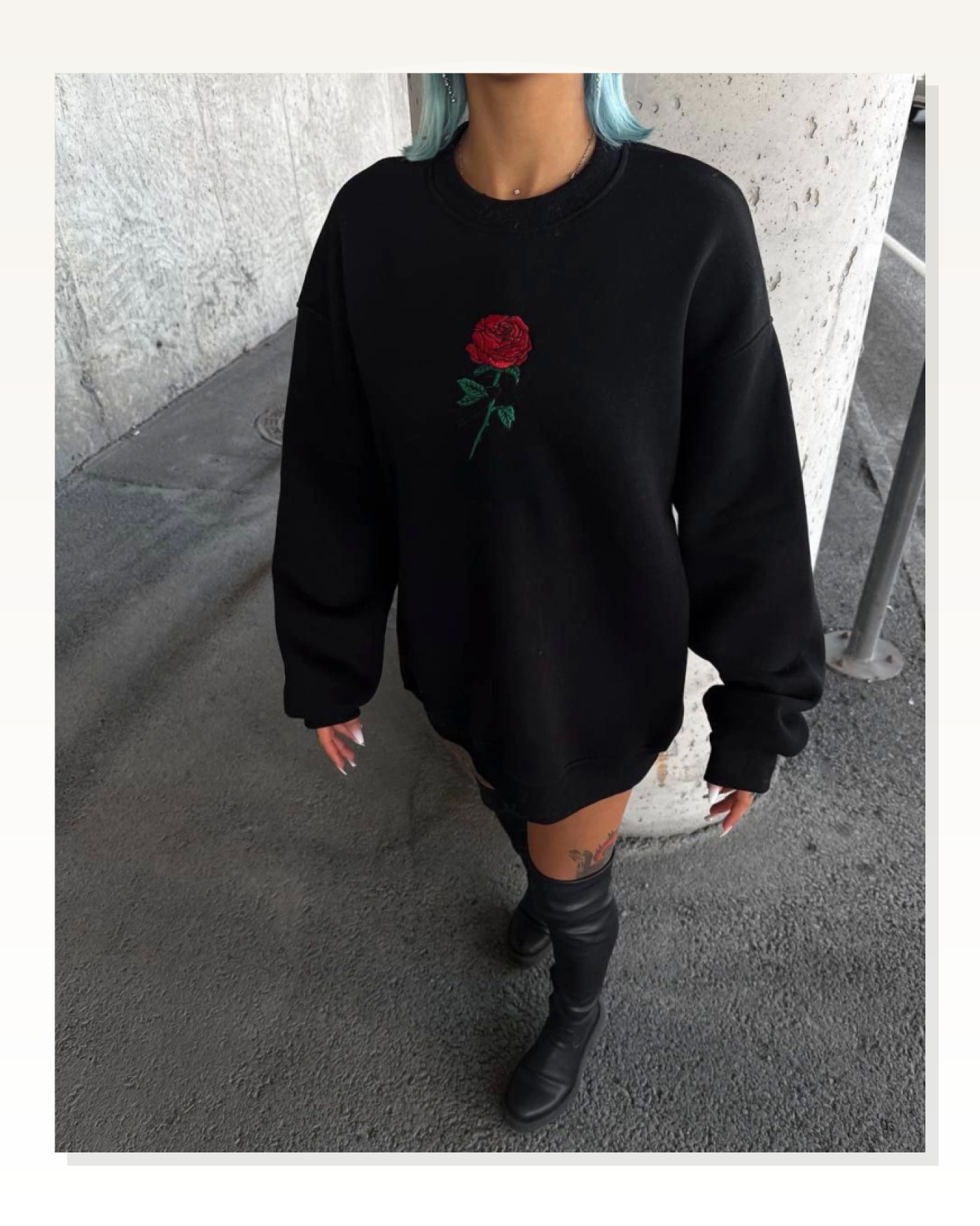 Baskılı Kadın Salaş Stil Siyah Oversize Üç İplik Bisiklet Yaka Sweatshirt Marketplace blank