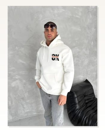 Oversize Üç İplik Kapüşonlu Sweatshirt Beyaz