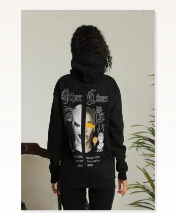 Kadın Arka Baskılı Oversize Üç İplik Siyah “other Lives” Ön ve Şardonlu Kışlık, Rahat Günlük Model Siiyah